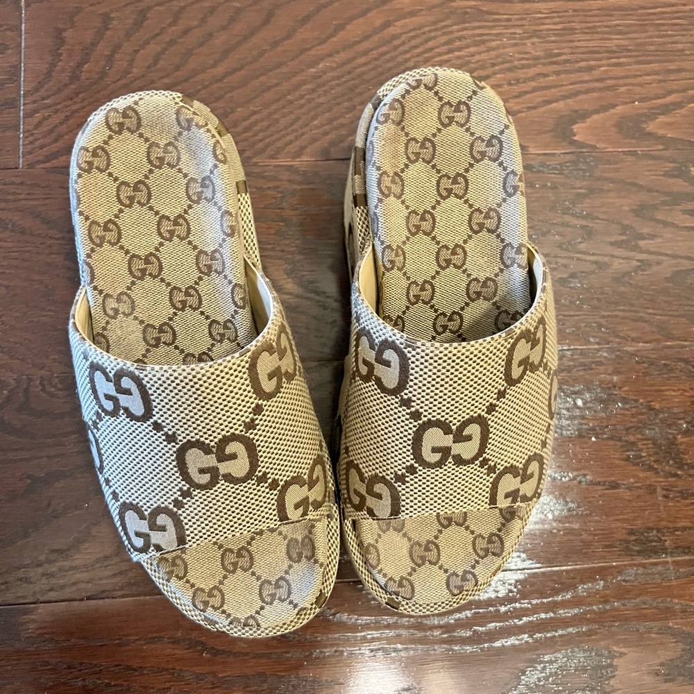 Gucci Beige and Brown Logo Slides - Women's platform slide sandal - jumbo GG